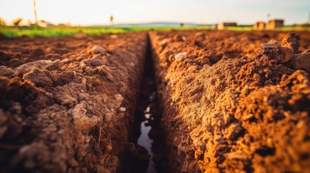 Old metal water pipe in excavated trench  underground pipeline construction with soilの素材