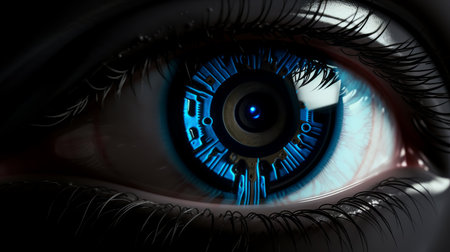 Cybernetic vision  hacker or ai robot eye in dark technological environment on digital backdropの素材