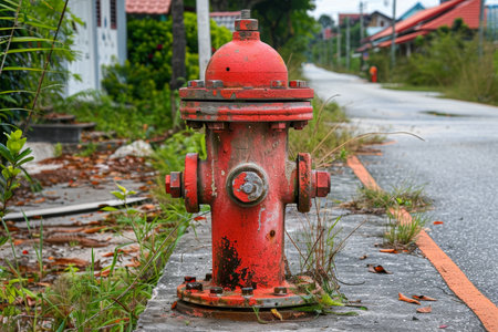 Vintage red fire hydrant on city street for crucial emergency fire department accessの素材