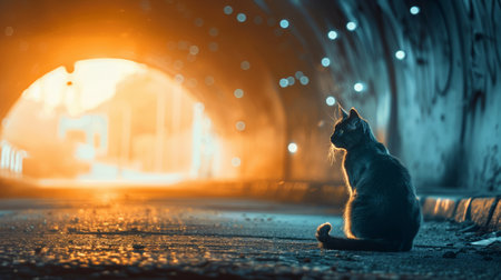 Futuristic tunnel setting with black cat and yellow eyes, copy space on blurred backgroundの素材