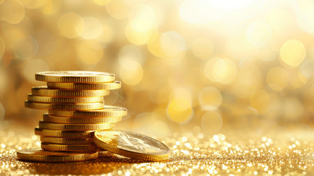 Bitcoin gold coins with blurred financial chart background, cryptocurrency investment conceptの素材