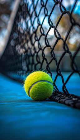 Tennis ball impacting net  capturing precision in motion, symbolizing summer olympics sportsの素材