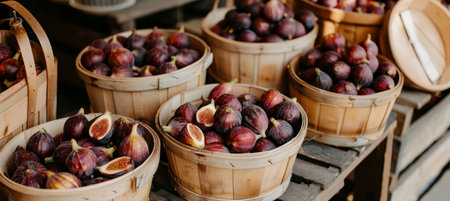 Ripe figs in wooden crates at mediterranean market with traditional architectureの素材