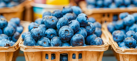 Ripe blueberries in baskets at farm warehouse, surrounded by lush greenery for farm to table conceptの素材