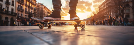 Urban skateboarding  close up of a young man riding a skateboard in the city streetsの素材