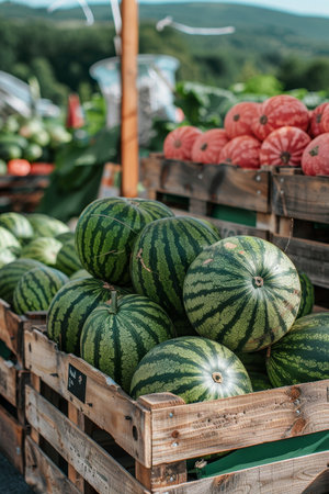 Ripe watermelons in wooden crates at farm stand warehouse with countryside backgroundの素材