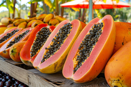 Exotic papayas at tropical market with colorful decor and palm leaves for vacation vibeの素材