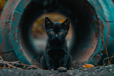Futuristic tunnel setting  black cat with yellow eyes in dark atmosphere, copy space availableの素材