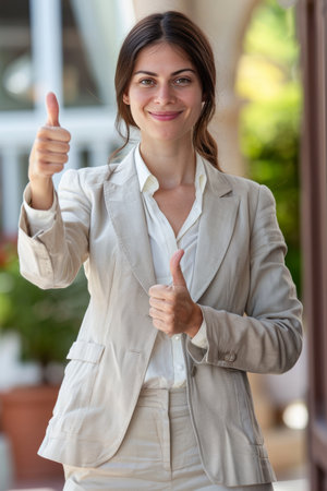 Confident businesswoman showing approval gesture in city environment with space for textの素材