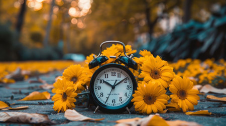Seasonal transition  alarm clock in summer flowers and autumn leaves as daylight saving time endsの素材
