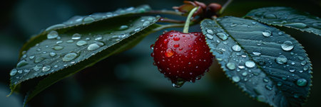 Macro close up of fresh cherry with water droplets on tree, ideal wide banner with space for textの素材