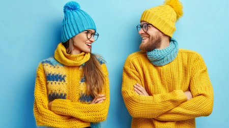 Smiling man and woman happily looking at each other with joyful expressions of happinessの素材