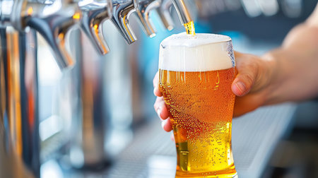 Close up shot of bartender s hands skillfully pouring beer from tap in a bar settingの素材