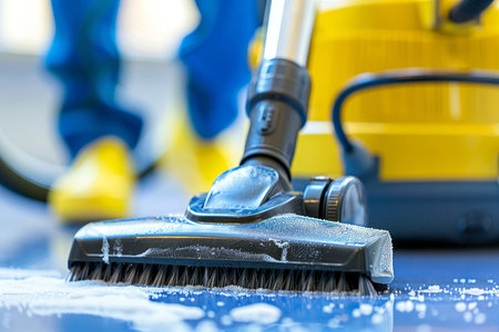 Professional cleaning crew using vacuum in busy office building with people in backgroundの素材