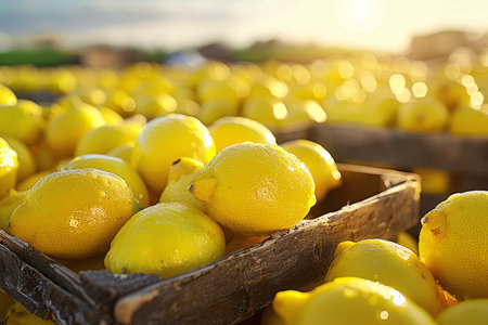Vibrant lemons in wooden crates on farmhouse table  summer refreshment in soft morning lightの素材