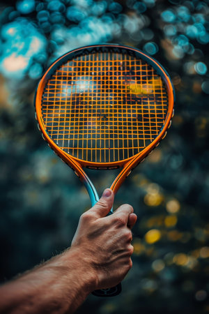 Intense focus  athlete s hands firmly grasping racket for forehand shot in summer olympic gamesの素材