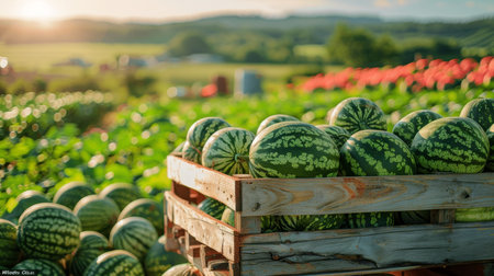 Ripe watermelons in wooden crates at farm stand warehouse with countryside backdropの素材