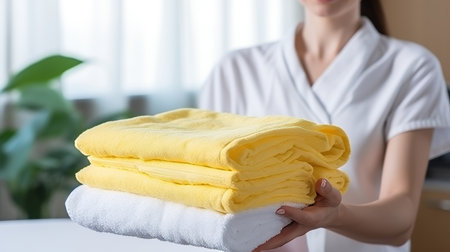 Professional chambermaid arranging fresh towels in hotel room, close up view of hands at workの素材