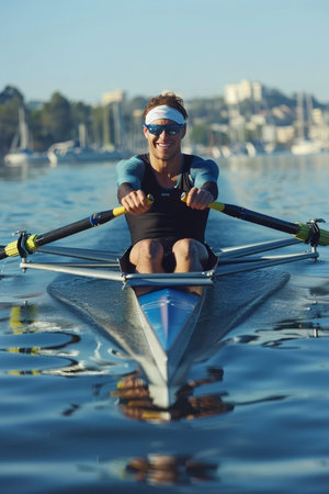 Intense close up of rower s strained expression in final race stretch at summer olympicsの素材