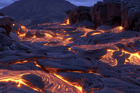 Aerial view at sunset of volcanic lava flowing from mount in a spectacular natural displayの素材