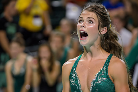 Intense emotions  gymnast s face captured in close up during floor routine at summer olympic gamesの素材