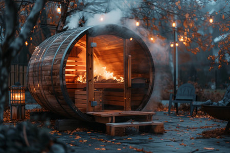 Wooden barrel sauna in garden yard, ideal for relaxation with ample text space for customizationの素材
