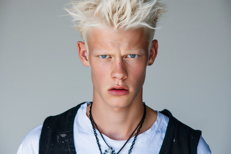 Attractive young blond man on gentle colored backdrop with ample room for text placementの素材