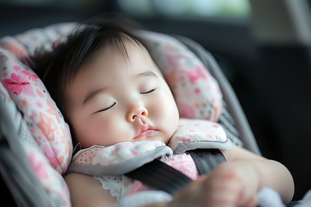 Peaceful toddler securely napping in a car safety seat for optimal protection and comfortの素材