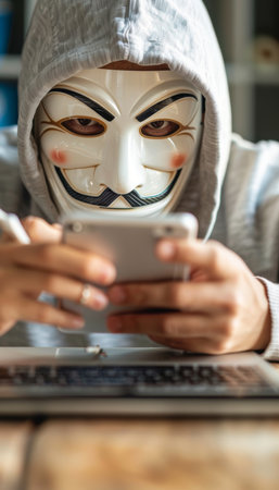 Masked man engaging in a telephone scam, depicting the concept of a fraudulent phone callの素材