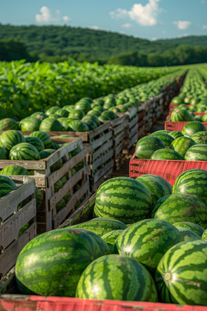 Ripe watermelons in wooden crates at farm stand warehouse with scenic countryside backgroundの素材