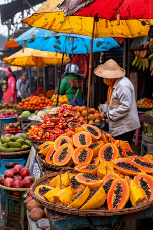 Exotic papayas displayed in vibrant market stall with tropical decor for a tropical getaway vibeの素材
