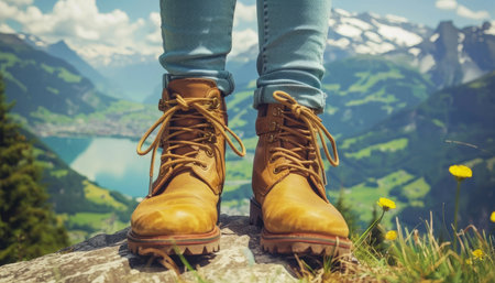 Breathtaking hiking  mountain and water views, traveler on cliff top with hiking shoesの素材