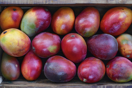 Rustic warehouse display of fresh mangoes in wooden crates under soft natural light for food adsの素材