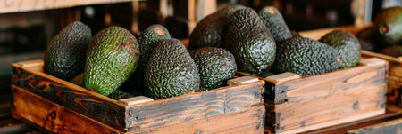 Ripe avocados in wooden crates with fresh fruits at local market warehouse, vibrant produce conceptの素材