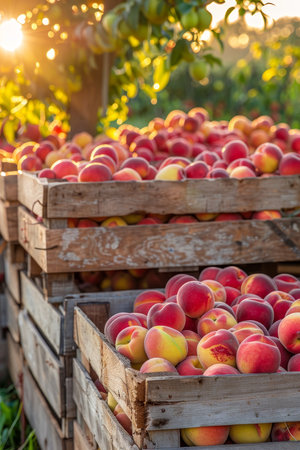 Sunlit orchard peach harvest in wooden crates, epitomizing the essence of summer fruit seasonの素材