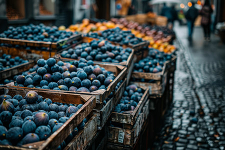 Ripe figs in wooden crates at mediterranean market with traditional architectureの素材
