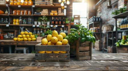 Vibrant lemons in crates on vintage table with soft morning light     a refreshing summer sceneの素材