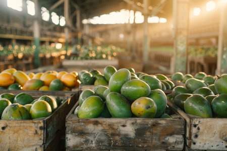 Rustic warehouse setting  fresh mangoes in wooden crates under soft natural light for food promotionの素材
