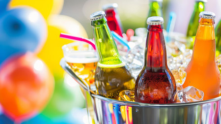 Home party setup with chilled beer bottles, ice bucket, and refreshing drinks with copy spaceの素材