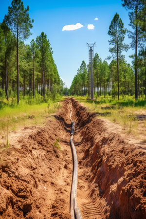 Pipeline construction  metal pipe in trench for old underground water line installationの素材