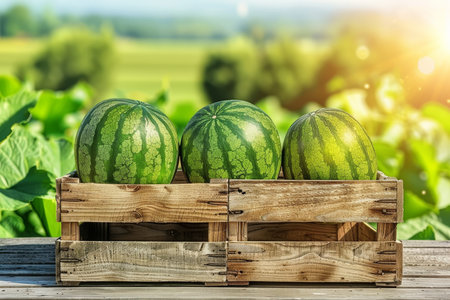 Ripe watermelons in wooden crates at farm stand warehouse with countryside backgroundの素材