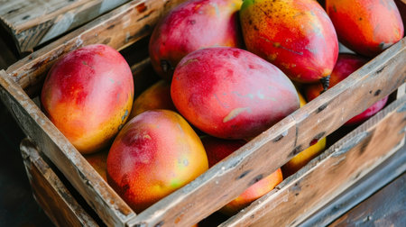 Rustic warehouse setting with fresh mangoes in wooden crates, perfect for food advertisingの素材