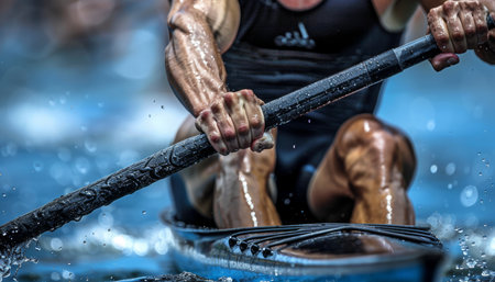 Intense close up of kayaker s strained neck muscles in powerful stroke   olympic games conceptの素材