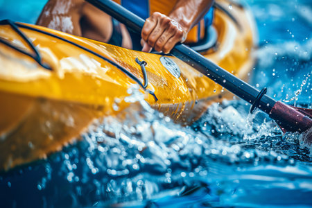 Intense effort  kayaker s strained neck muscles in powerful stroke at summer olympicsの素材