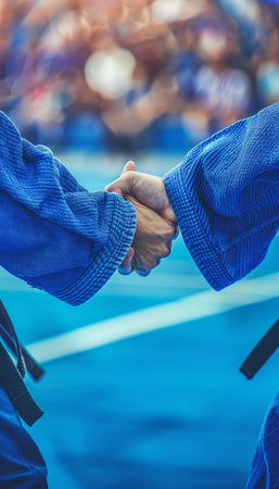 Close up of judoka s skilled grip on opponent s gi, showing control   summer olympic sport conceptの素材