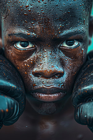 Fighter s intense gaze on opponent in summer olympics, epitomizing focus and readinessの素材