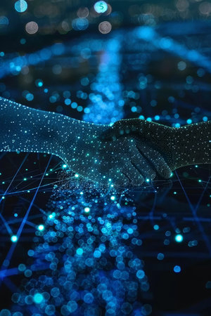 Luminous avatars perform digital handshake on cryptocurrency network banner for secure transactionsの素材