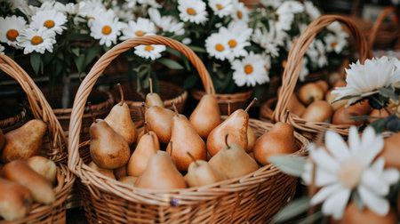 Rustic kitchen ambiance  fresh pears in baskets with flowers, vintage decor for cozy homey feelの素材