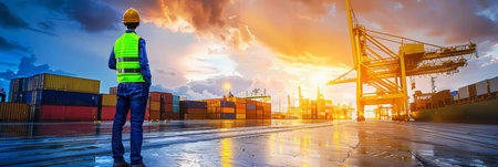 Industrial shipping terminal port manager supervising container shipment operationsの素材