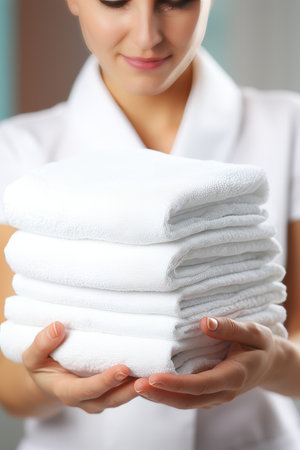 Close up view of chambermaid s hand neatly placing a stack of fresh towels in a luxurious hotel roomの素材